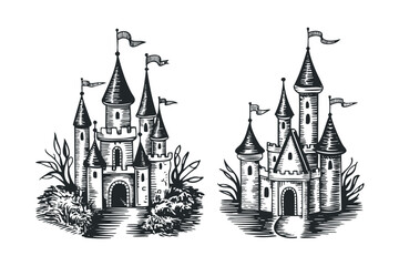 Two castles with flags and surrounding foliage