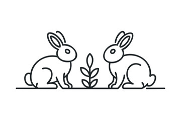 Obraz premium Two rabbits near a plant simple line drawing
