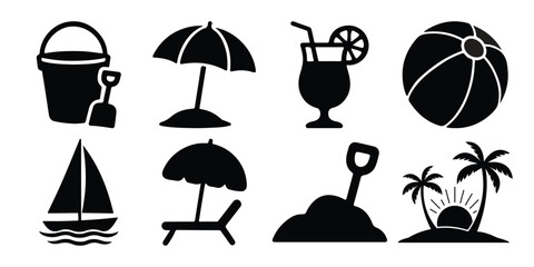 Collection of black silhouette icons representing summer beach vacation activities and objects