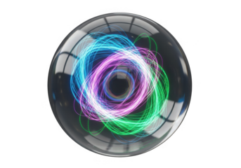 Glowing abstract energy swirl inside crystal orb isolated on transparent background