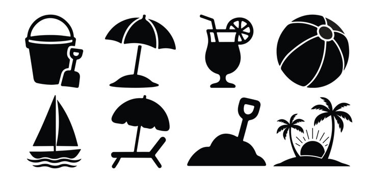 Collection of black silhouette icons representing summer beach vacation activities and objects