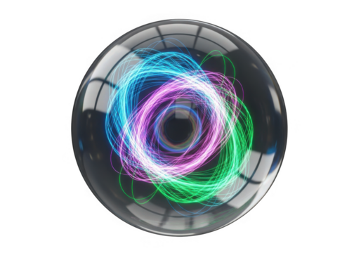 Glowing abstract energy swirl inside crystal orb isolated on transparent background