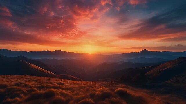 Golden sunrise paints a dramatic sky over layered mountains and a fiery landscape.