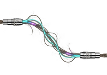 Glowing fiber optic cable strands intertwined isolated on transparent background