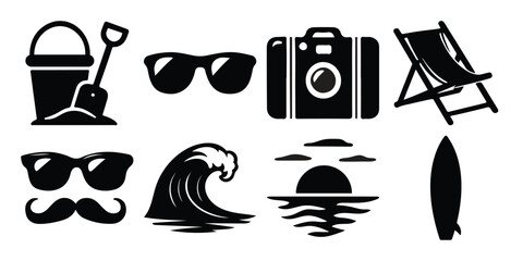 Collection of black and white silhouette icons representing summer vacation and beach activities