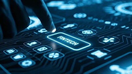 A finger touches a glowing fintech button on a blue circuit board interface, highlighting digital technology, innovation, and the future of online business. - Powered by Adobe