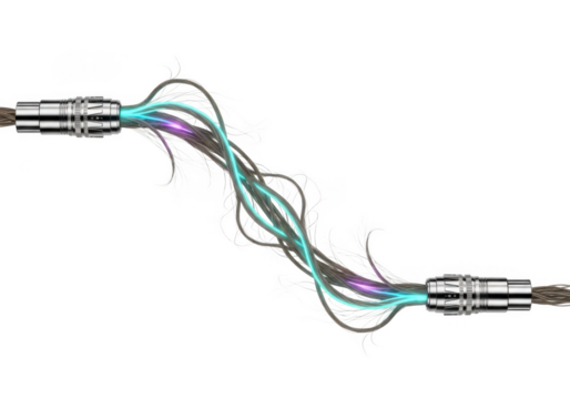 Glowing fiber optic cable strands intertwined isolated on transparent background
