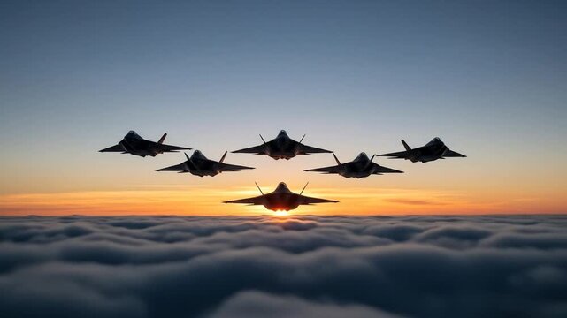 Dramatic flight maneuvers of air force jet planes at sunset, soaring above serene cloudscape
