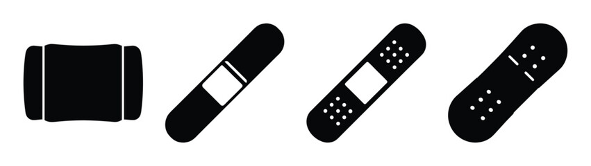 Set of four black bandages for injury treatment and first aid supplies