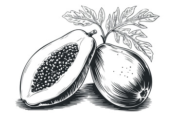 Fototapeta premium Line art drawing of fresh papaya fruit and sliced half
