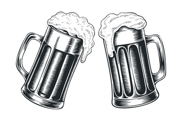Two frothy beer mugs clinking together in celebration