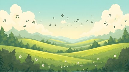 Obraz premium Stephen Foster Memorial Day Landscape with Floating Musical Notes