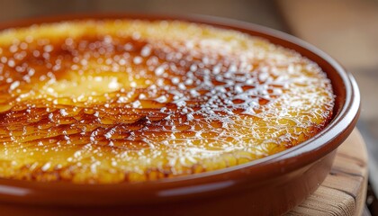 Close-up of a crème brûlée dessert in a brown ceramic dish, showcasing its caramelized sugar crust.