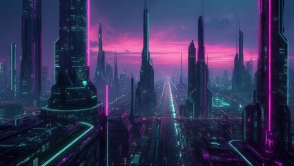 Futuristic cityscape with neon lights and towering structures