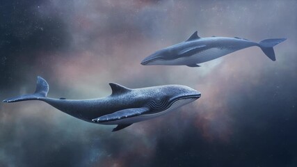Two majestic space whales swimming gracefully through a vibrant cosmic nebula, creating a surreal and ethereal scene. - Powered by Adobe