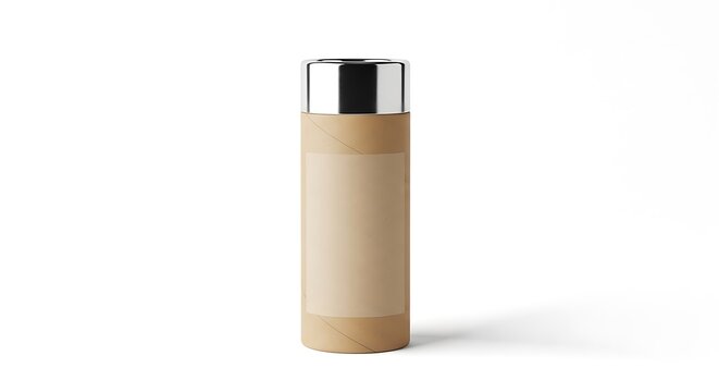 Eco-friendly cylindrical kraft paper tube with a sleek metallic silver cap and a blank label area, ideal for branding mockups and product displays.