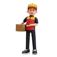 Friendly cartoon delivery person in uniform holding a cardboard box. offering package with open ha