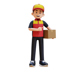 Friendly 3D cartoon delivery man in uniform holding a cardboard box and pointing to the side