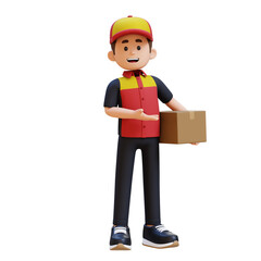 Friendly cartoon delivery person in uniform holding a cardboard package. 3D render