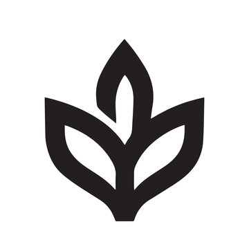 A minimalist black graphic icon of a stylized plant sprout with three leaves on a white background.