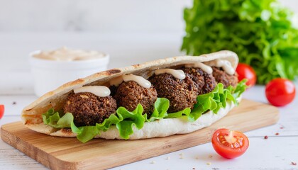 A falafel sandwich with lettuce and tahini sauce, served on a wooden board with tomatoes and lettuce in the background.