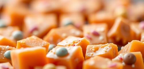Blurred background of handmade toffee sweets, selective focus on a few pieces,   photography,  macro
