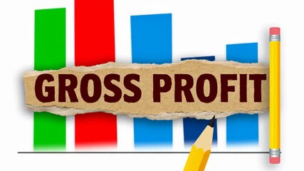 A visual representation of Gross Profit text atop a torn piece of paper, situated over a declining bar graph featuring red, green and blue colors, paired with a yellow pencil. - Powered by Adobe