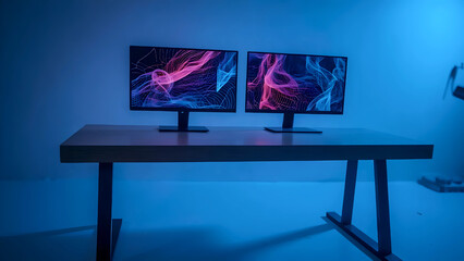 Dual Monitors Setup with Colorful Displays, Tech Workspace with Two Screens, Modern Office with Dual Computer Monitors