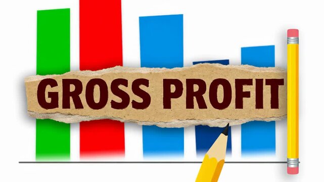 A visual representation of Gross Profit text atop a torn piece of paper, situated over a declining bar graph featuring red, green and blue colors, paired with a yellow pencil.