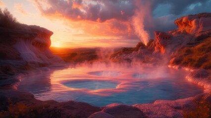Geothermal pool landscape at sunset
