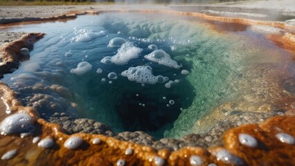 Geothermal pool with bubbling water and mineral deposits