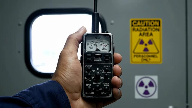 Close up of a hand holding a radiation detector with a caution sign in the background indicating a radiation area in a controlled medical environment.