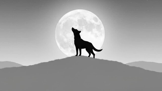 Mystical landscape with a howling wolf silhouetted against a bright full moon background