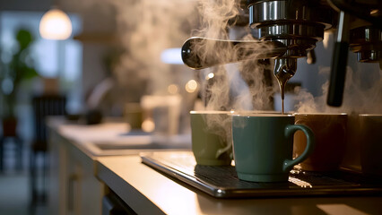 Steaming Coffee Brewing, Making Coffee in Office Kitchen, Coffee Cups Brewing Fresh Espresso