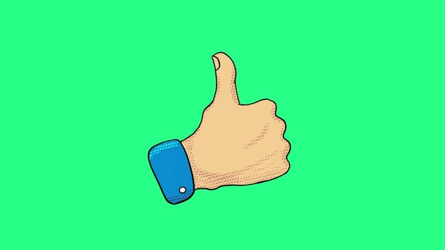 A cartoon of a raised thumb with a blue cuff against a bright green background, expressing approval, video loops, green screen, 4k, footage, 4k footage, videos, video clip, slow motion