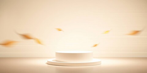 Elegant minimalist autumn product display podium with falling leaves on a clean beige background for professional presentation