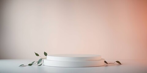 Minimalist Podium with Leaves Clean Background, Bokeh Effect, Gradient Transition