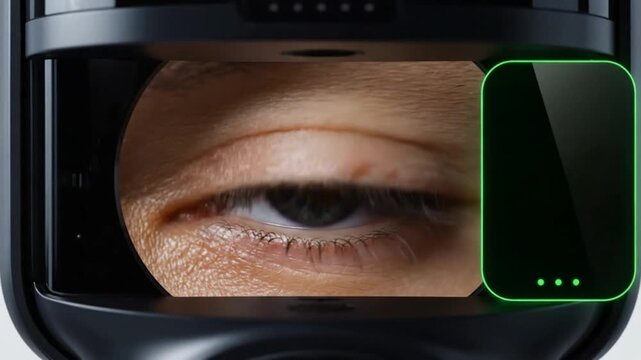 Close-up of a human eye through a high-tech retinal scanner interface with digital tracking and security features.