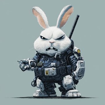 The video is a cartoon-style digital illustration of a muscular white rabbit wearing futuristic tactical clothing and smoking.