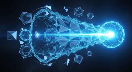 Dynamic glowing digital network connection with sparkling blue geometric shapes for futuristic tech visualization, perfect for innovation and technology concepts