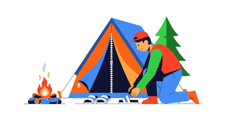 Fototapeta premium Evening Adventurer Erecting Camp Amidst Wilderness Elements Before Bonfire