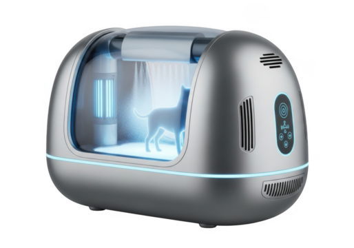 Futuristic silver pod with blue light for sterilization isolated on transparent background