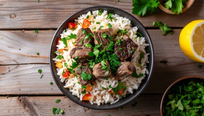A top-down view of a bowl of rice and meat, garnished with herbs.