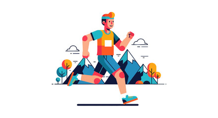 Fototapeta premium Energetic Runner Achieving Peak Fitness Leaping Through Vibrant Mountain Landscape