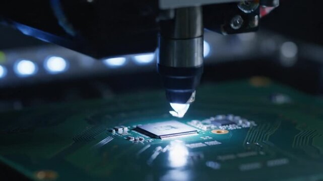 Macro shot of automatic pick and place machine rapidly installing tiny electronic components on circuit board, cinematic lighting, shallow depth of field, technology precision, loopable industrial foo