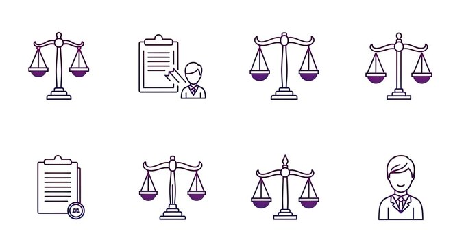 Streamlined legal icons for website design and professional presentations symbolizing justice, law, and ethical business practices with modern, flat line style.