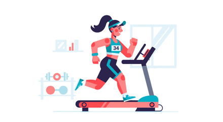 Fototapeta premium Energetic Woman Exercises on Treadmill within Gym Setting, Modern Fitness Illustration