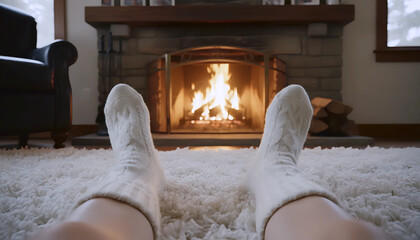 Cozy Feet by Fireplace, Relaxing with Fire, Warmth from Fireplace