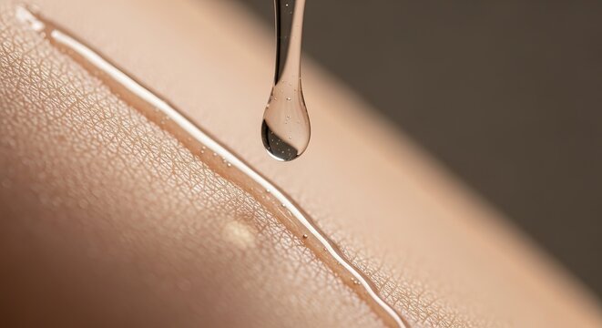 Close-up of a golden liquid dripping onto a textured surface, possibly skin or a similar material, creating a smooth, reflective line.