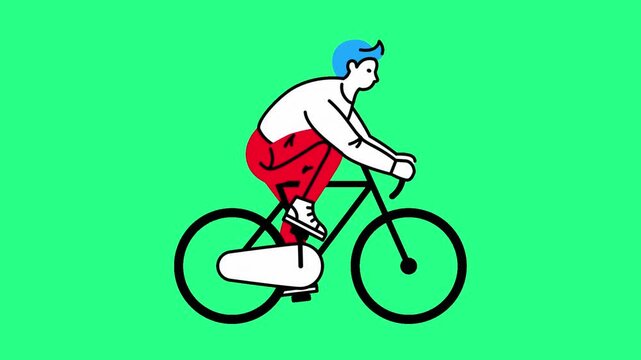 A bold vector of a cyclist on a bike gliding across a vivid green field with simple shading, artful, video loops, green screen, 4k, footage, 4k footage, videos, video clip, slow motion